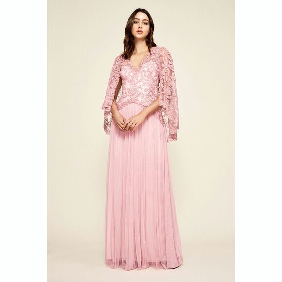 New! TADASHI SHOJI Women's Embroidered Lace Cape Gown Dress Rose Quartz Pink 4 - Picture 1 of 7